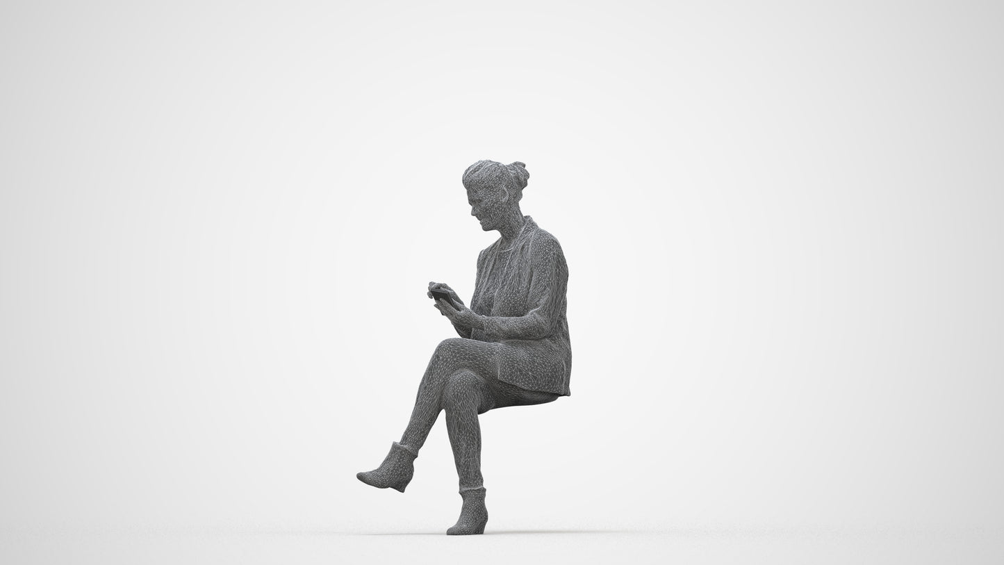 3D human model woman business sitting, photogrammetry scanned person for archviz, wireframe back view