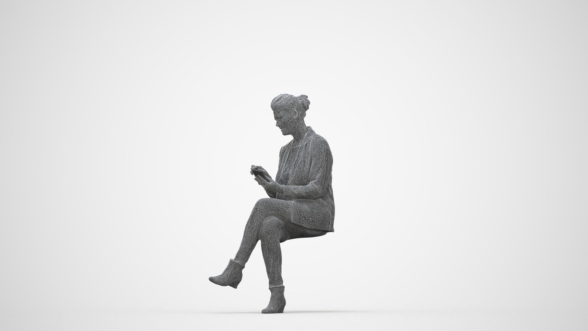 3D human model woman business sitting, photogrammetry scanned person for archviz, wireframe back view