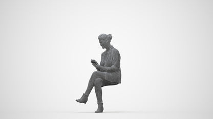 3D human model woman business sitting, photogrammetry scanned person for archviz, wireframe back view