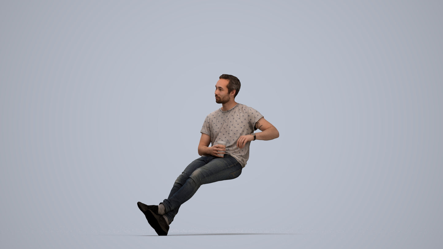 3D people model man casual sitting, scanned human for 3ds Max rendering, top-down view render