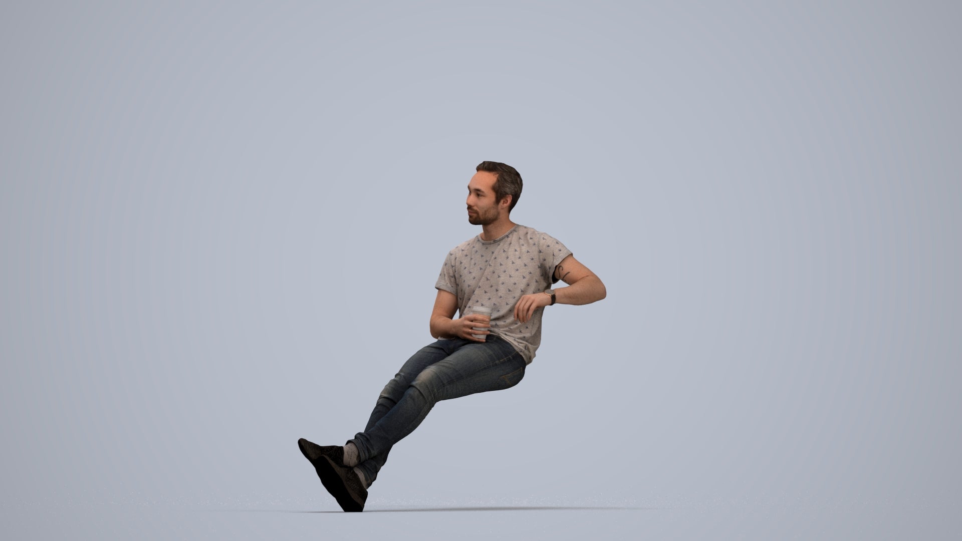 3D people model man casual sitting, scanned human for 3ds Max rendering, top-down view render