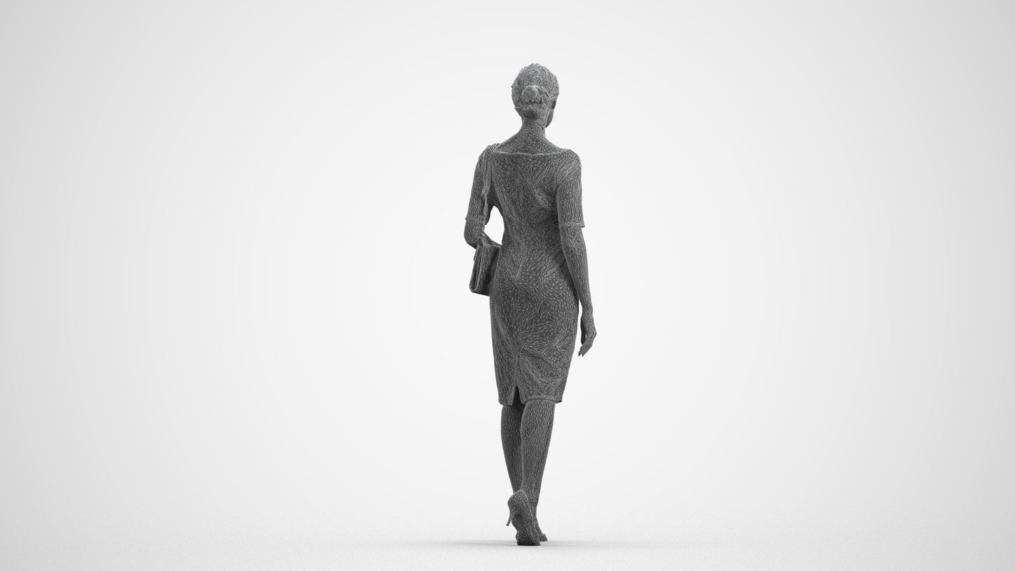 realistic 3D woman casual walking, scanned archviz people for Blender and 3ds Max, wireframe front view