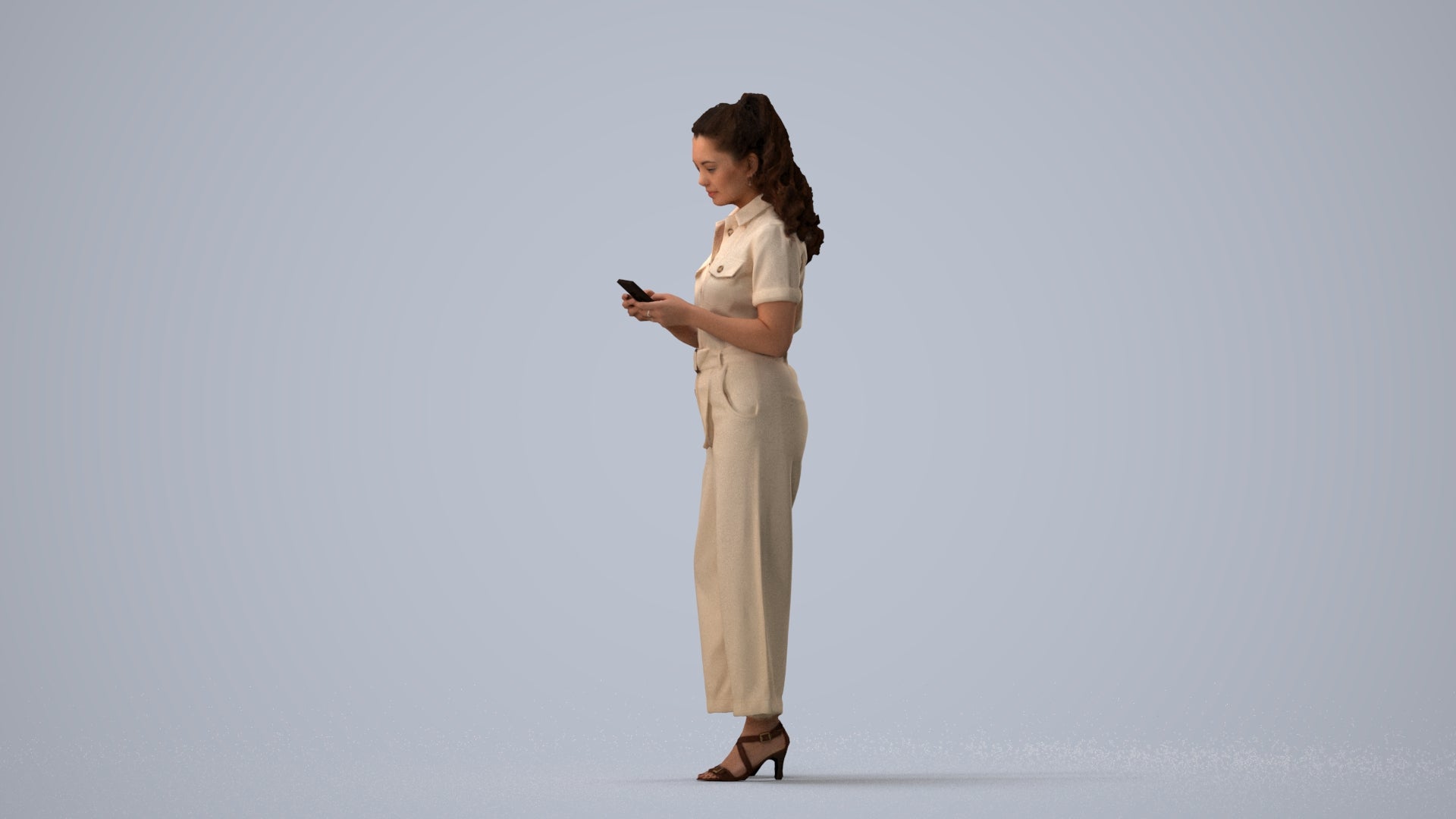 3D people model woman formal standing, scanned human for 3ds Max rendering, three-quarter view render