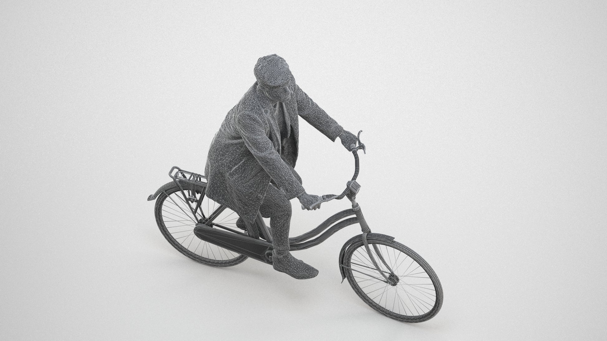 3D scanned man cycling business, photorealistic archviz people for Enscape and SketchUp, wireframe three-quarter view