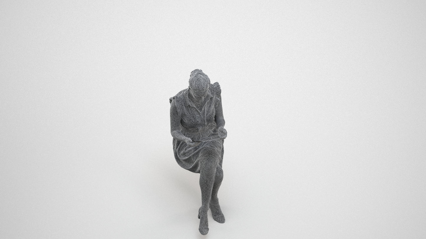 3D people model woman casual sitting, scanned human for 3ds Max rendering, wireframe three-quarter view