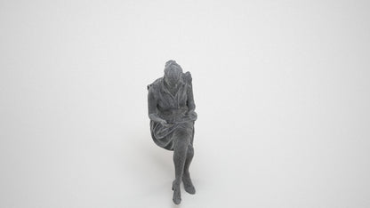3D people model woman casual sitting, scanned human for 3ds Max rendering, wireframe three-quarter view
