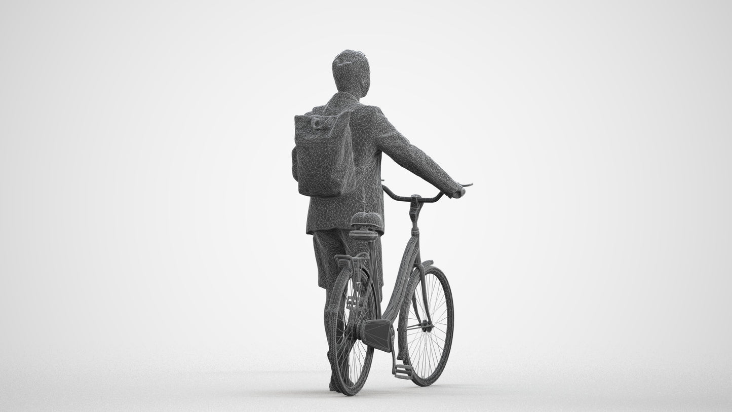 realistic 3D man business cycling, scanned archviz people for Blender and 3ds Max, wireframe front view