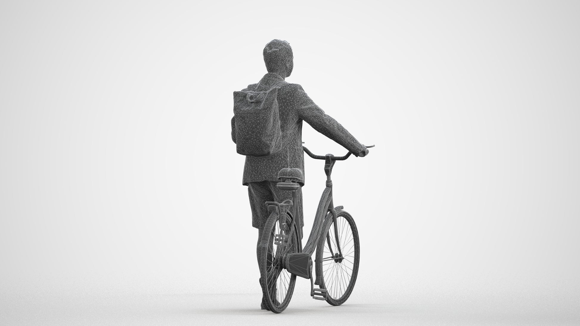 realistic 3D man business cycling, scanned archviz people for Blender and 3ds Max, wireframe front view