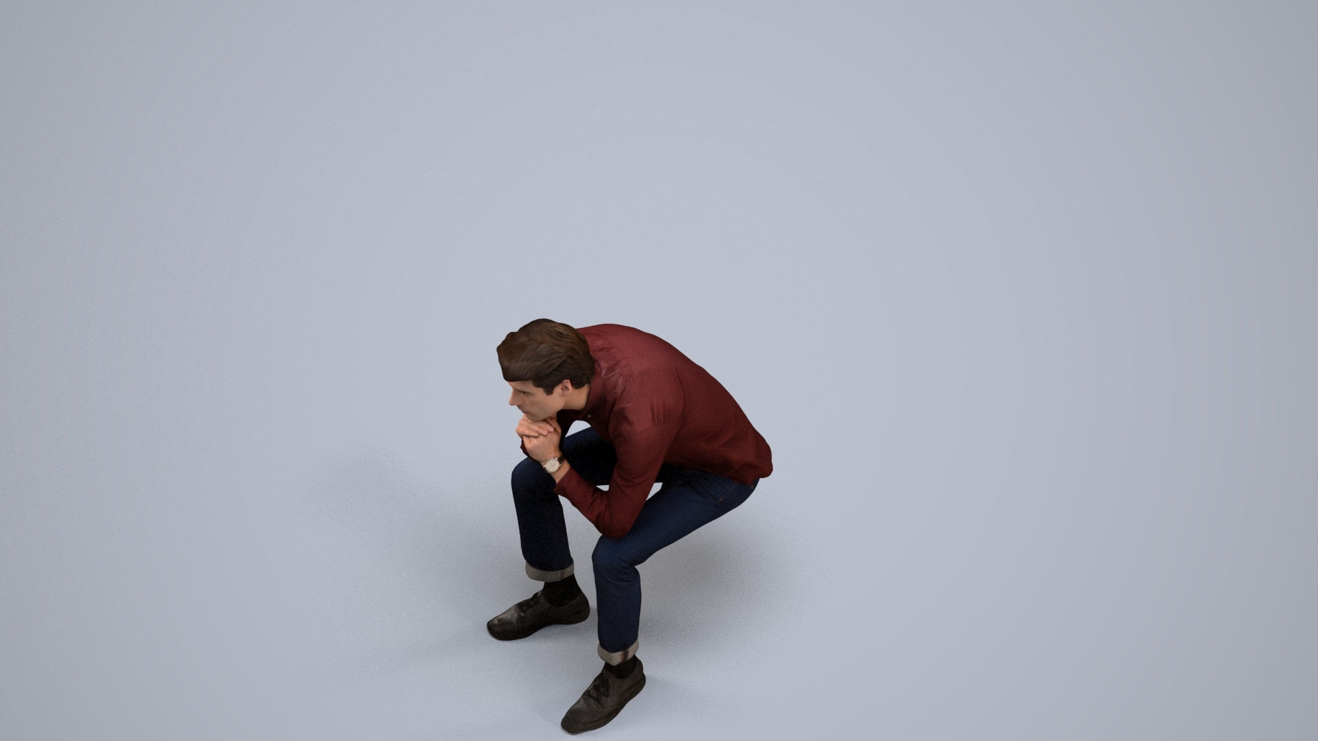 3D people model man casual sitting, scanned human for 3ds Max rendering, back view render