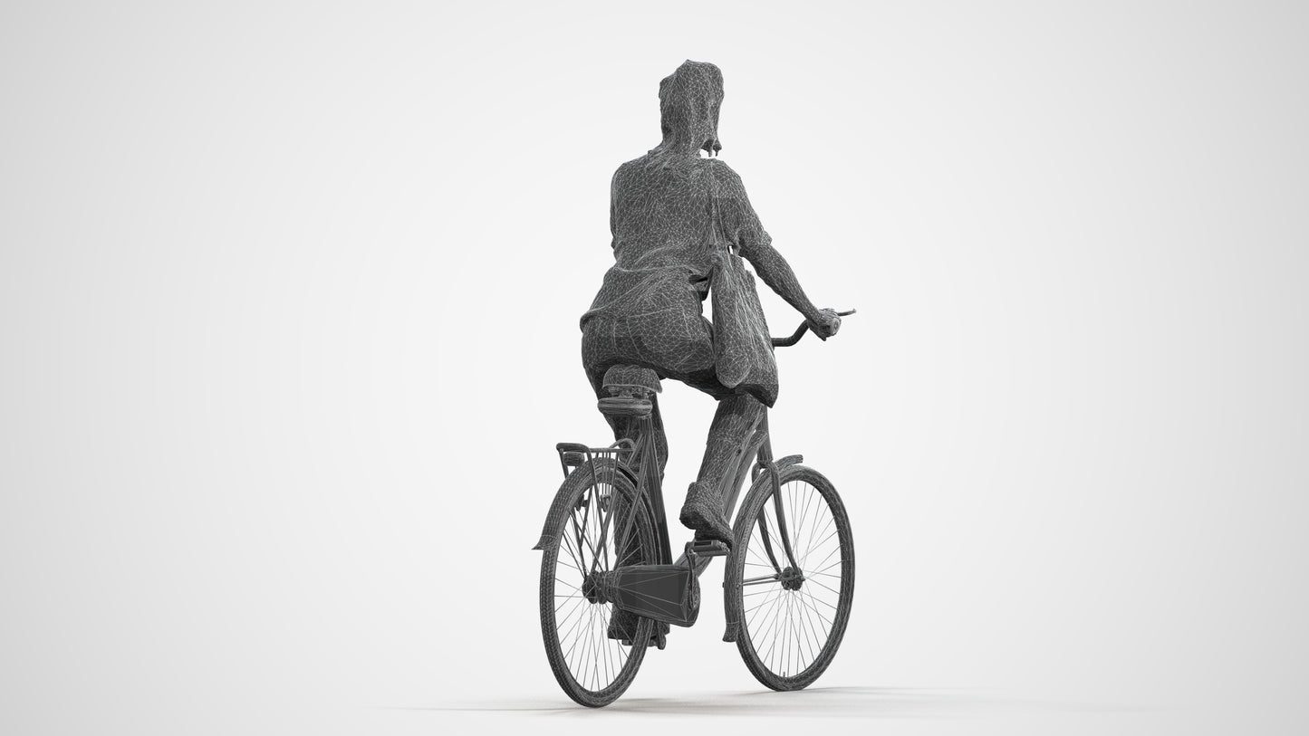 3D human model woman casual cycling, photogrammetry scanned person for archviz, wireframe front view