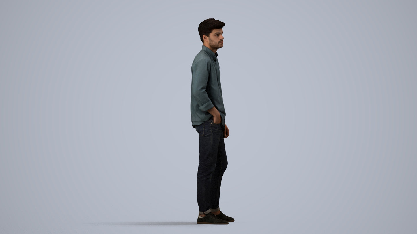 photogrammetry 3D man casual standing, realistic human model archviz FBX, side view render