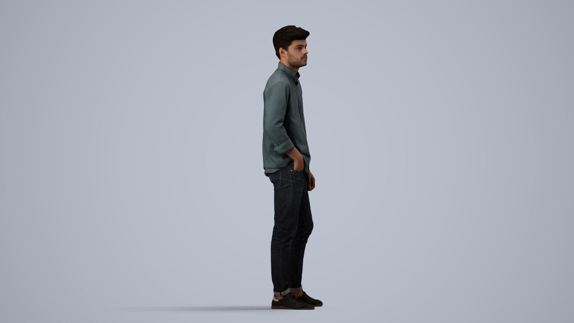 photogrammetry 3D man casual standing, realistic human model archviz FBX, side view render