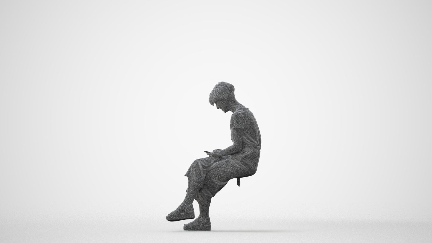 photogrammetry 3D senior woman casual sitting, realistic human model archviz FBX, square thumbnail