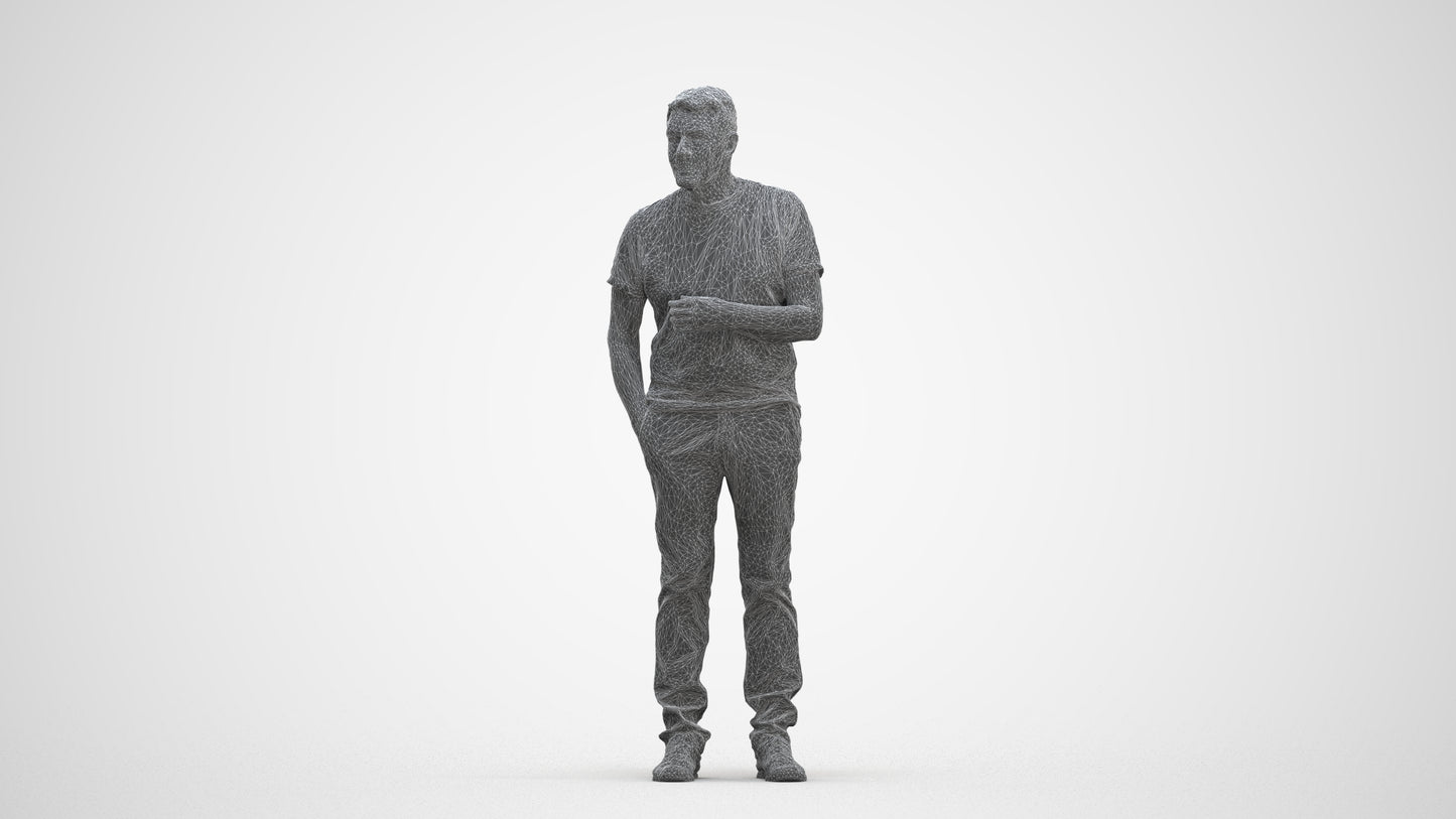 3D human model senior man casual standing, photogrammetry scanned person for archviz, three-quarter front view render