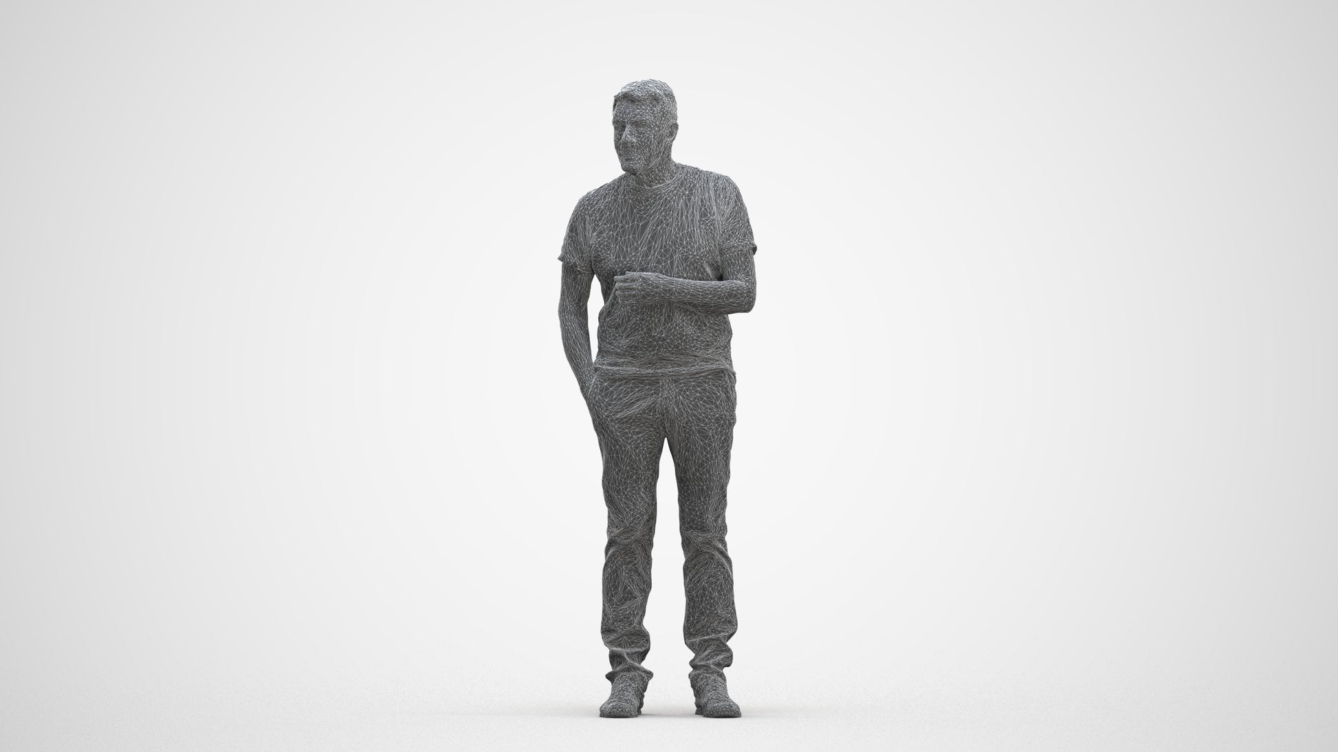 3D human model senior man casual standing, photogrammetry scanned person for archviz, three-quarter front view render