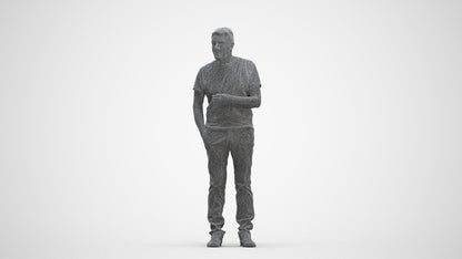3D human model senior man casual standing, photogrammetry scanned person for archviz, three-quarter front view render