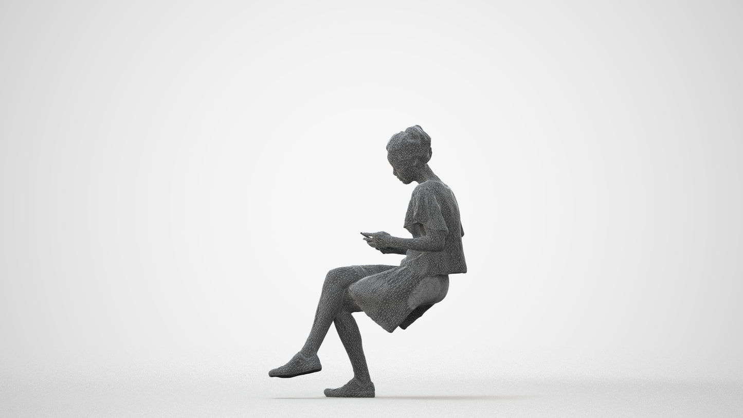 realistic 3D human woman casual sitting, archviz people FBX OBJ for Blender, square thumbnail