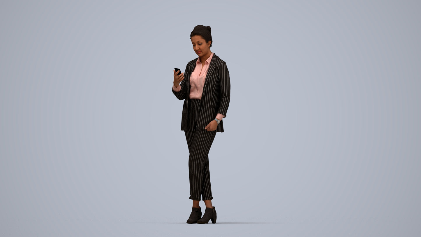 3D human model woman business, photogrammetry scanned person for archviz, top-down view render