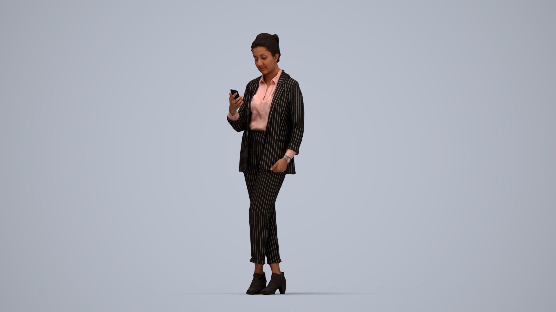 3D human model woman business, photogrammetry scanned person for archviz, top-down view render
