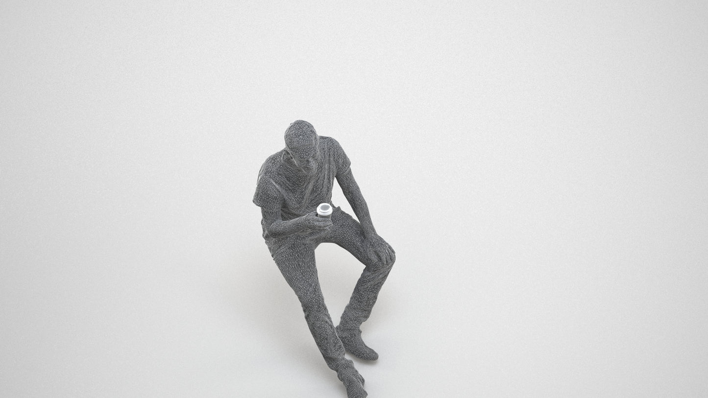 scanned 3D senior man casual sitting, photogrammetry people for Enscape and V-Ray, wireframe three-quarter view