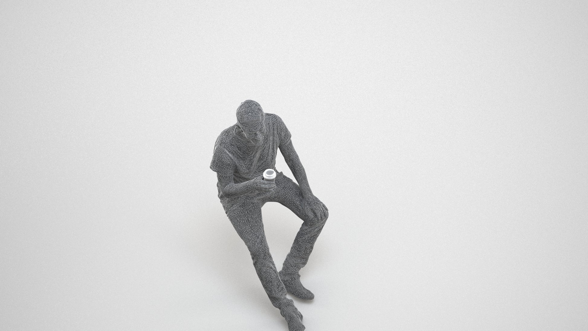 scanned 3D senior man casual sitting, photogrammetry people for Enscape and V-Ray, wireframe three-quarter view