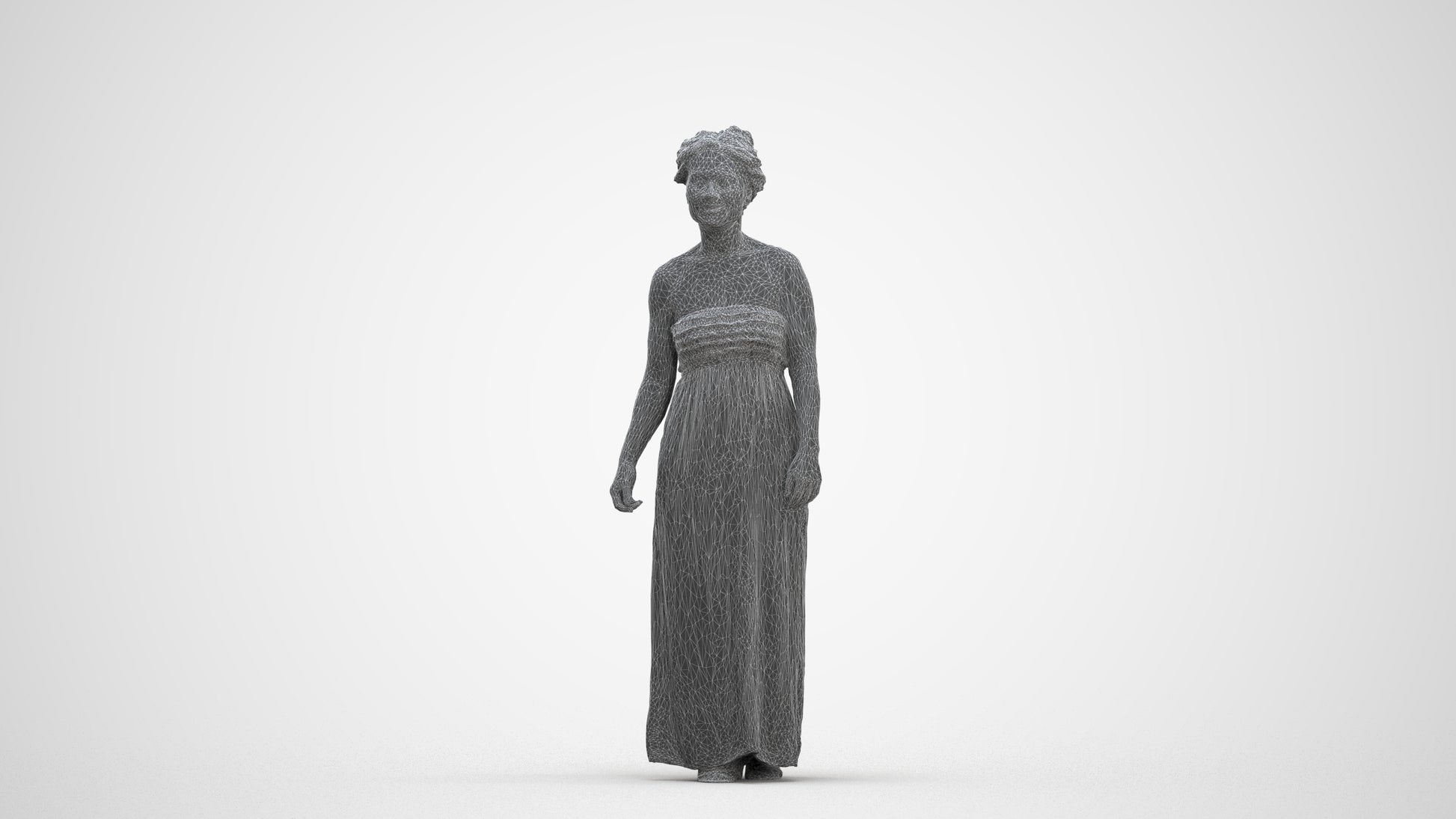 3D human model woman casual standing, photogrammetry scanned person for archviz, three-quarter front view render