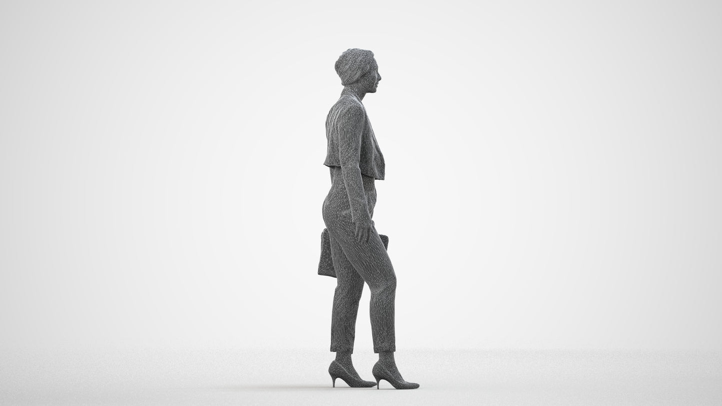 3D human model woman business, photogrammetry scanned person for archviz, wireframe side view