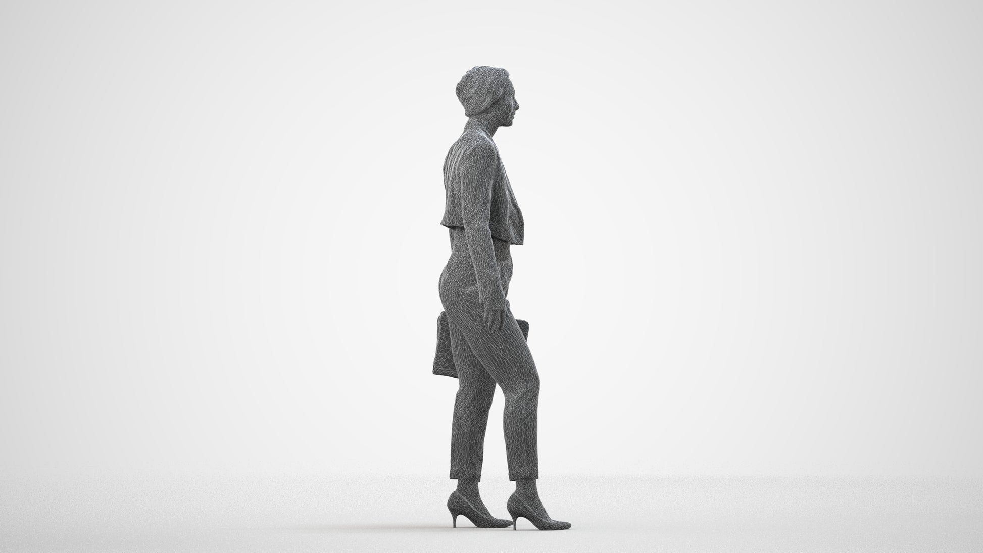 3D human model woman business, photogrammetry scanned person for archviz, wireframe side view