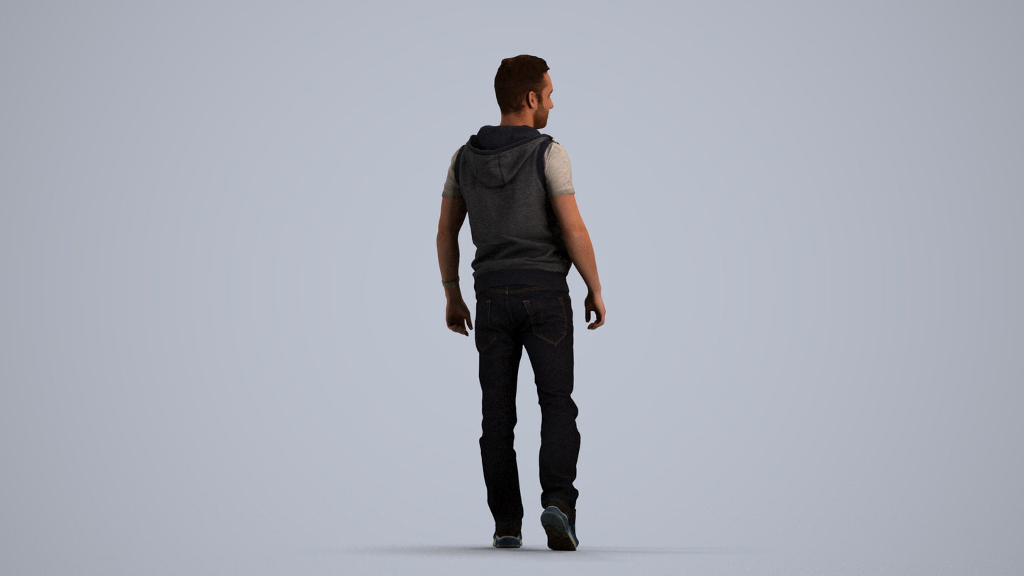 3D human model man casual walking, photogrammetry scanned person for archviz, front view render