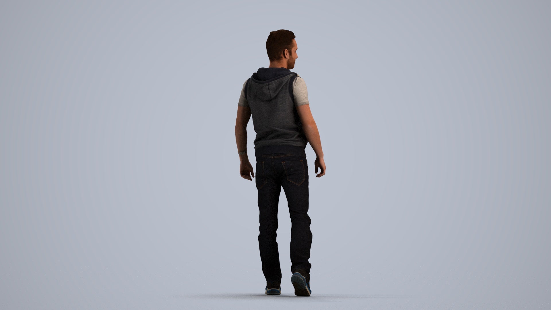 3D human model man casual walking, photogrammetry scanned person for archviz, front view render