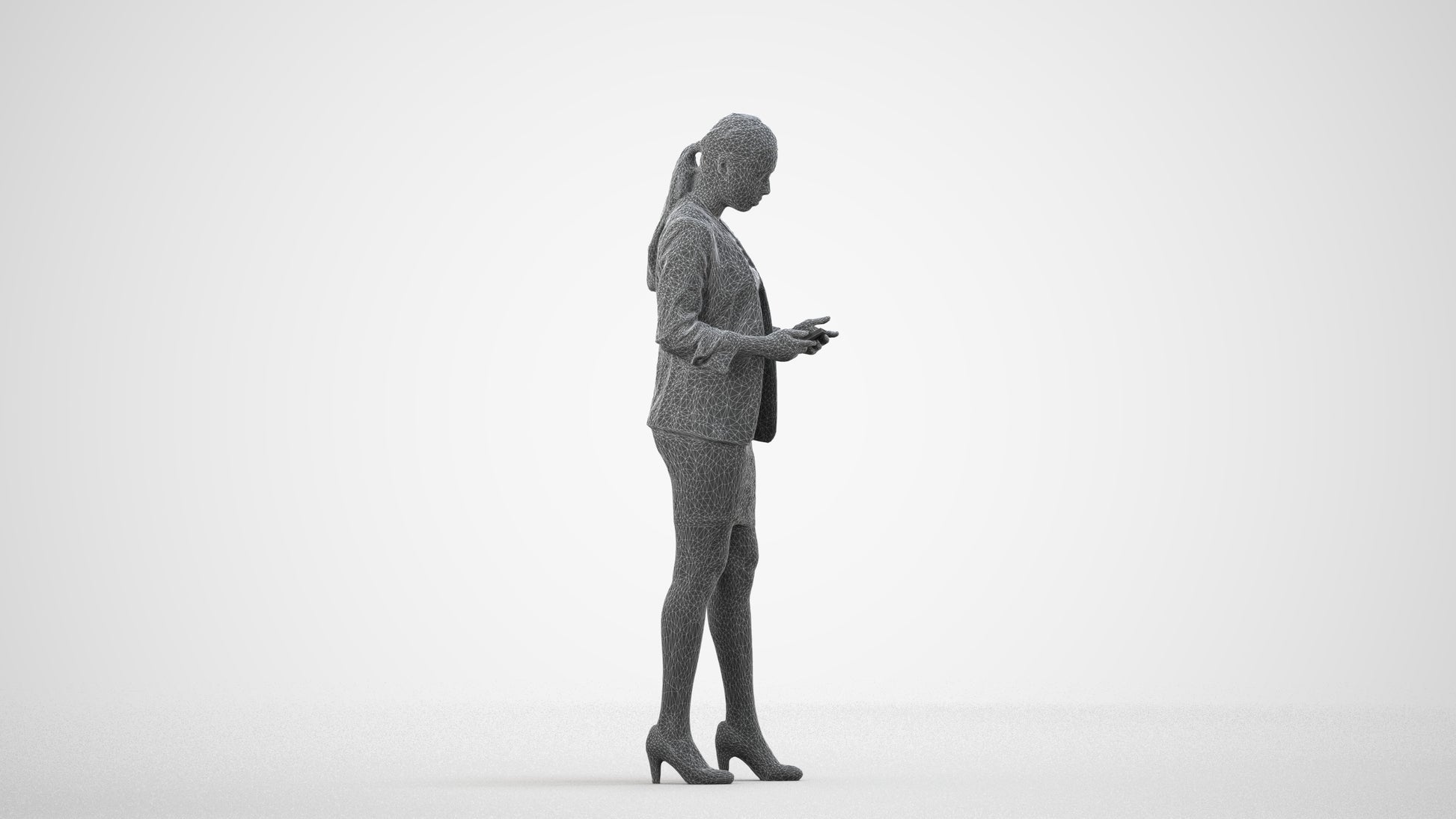 3D people model woman business, scanned human for 3ds Max rendering, wireframe side view