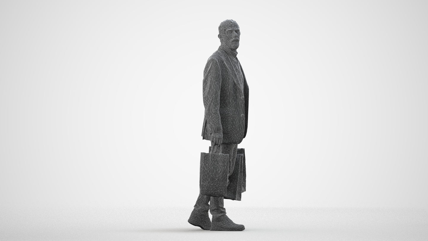 photogrammetry 3D senior man casual business, realistic human model archviz FBX, wireframe side view