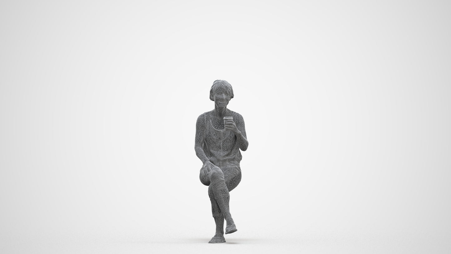 3D human model senior woman sitting, photogrammetry scanned person for archviz, three-quarter front view render