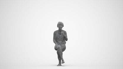 3D human model senior woman sitting, photogrammetry scanned person for archviz, three-quarter front view render