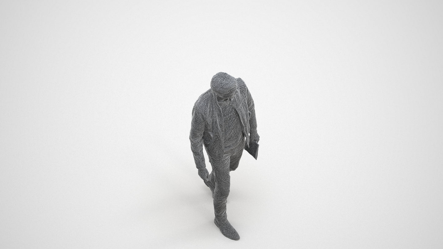 3D people model man casual walking, scanned human for 3ds Max rendering, wireframe three-quarter view