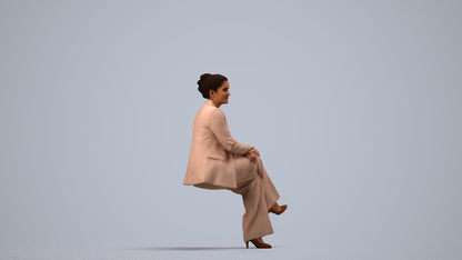 3D human model woman business sitting, photogrammetry scanned person for archviz, side view render