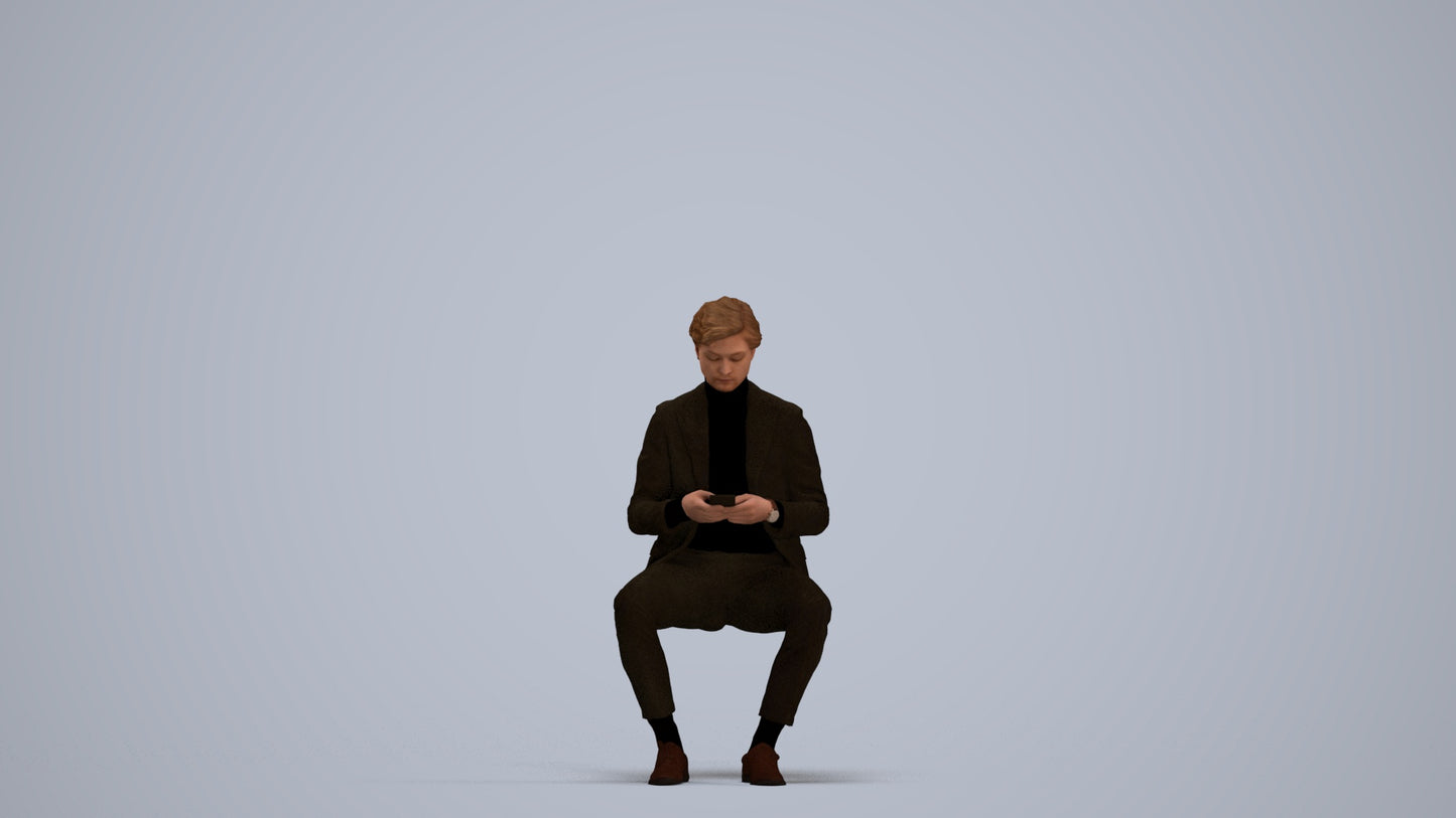 photogrammetry 3D man business sitting, realistic human model archviz FBX, standing pose render