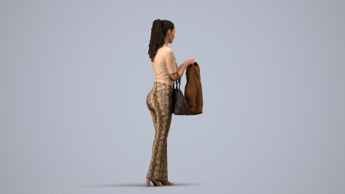 realistic 3D woman casual shopping, scanned archviz people for Blender and 3ds Max, side view render
