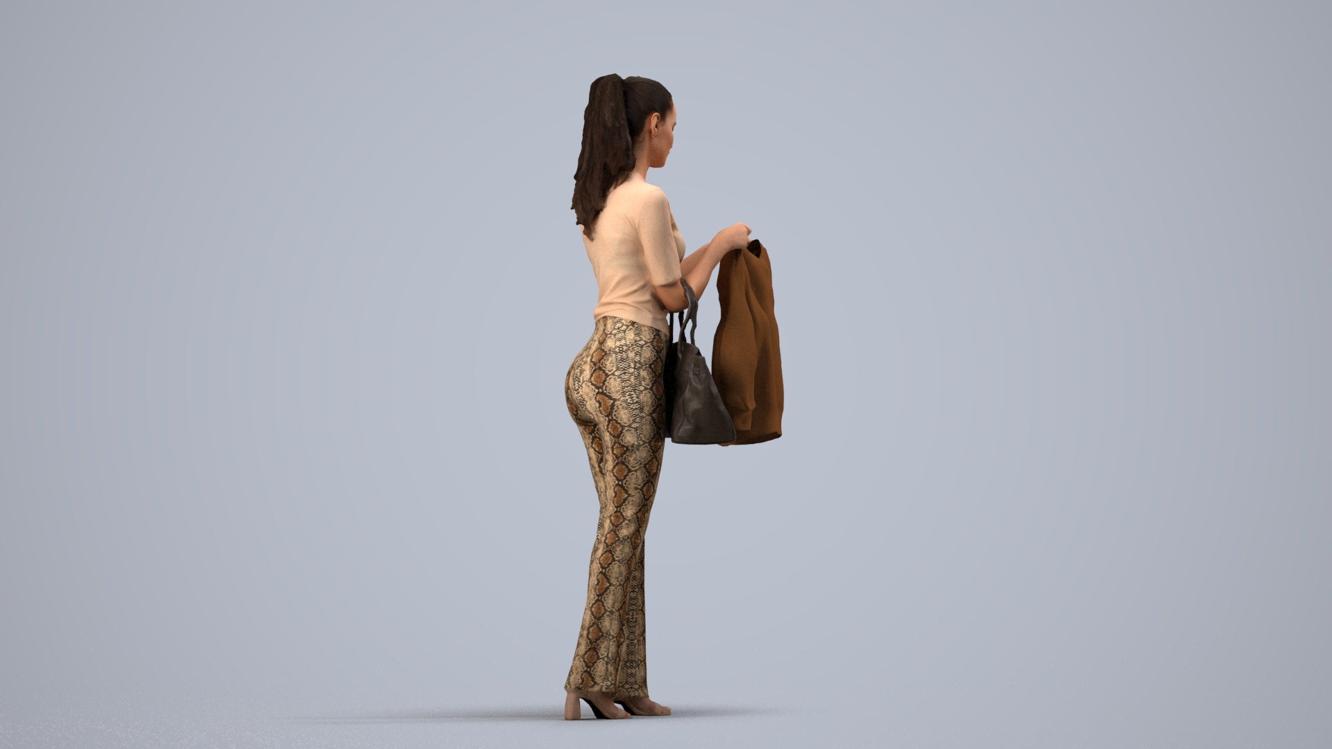 realistic 3D woman casual shopping, scanned archviz people for Blender and 3ds Max, side view render