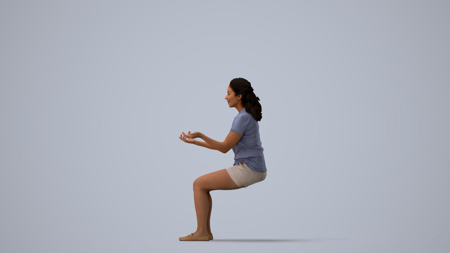 3D human model woman casual sitting, photogrammetry scanned person for archviz, three-quarter view render
