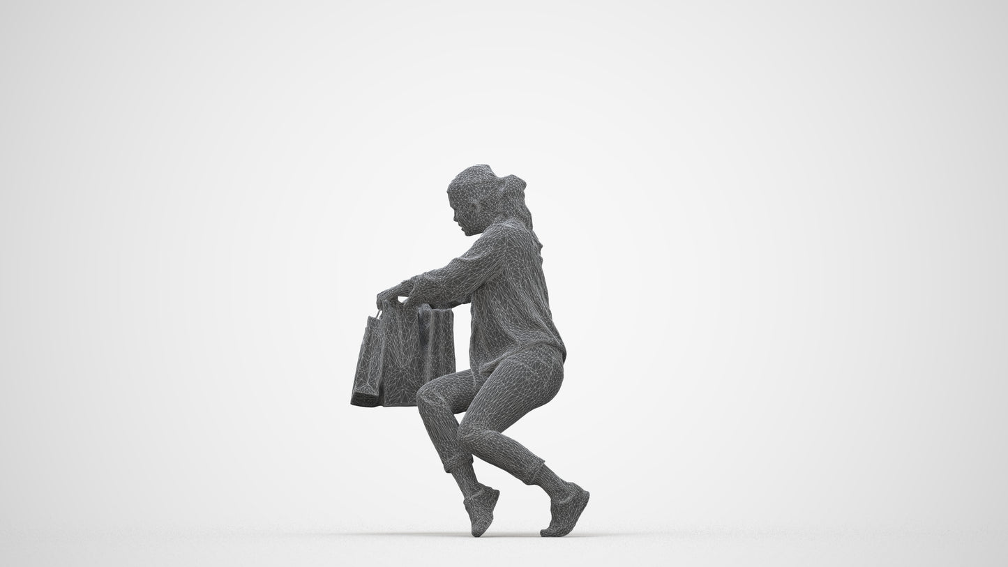 3D human model woman casual shopping, photogrammetry scanned person for archviz, wireframe back view