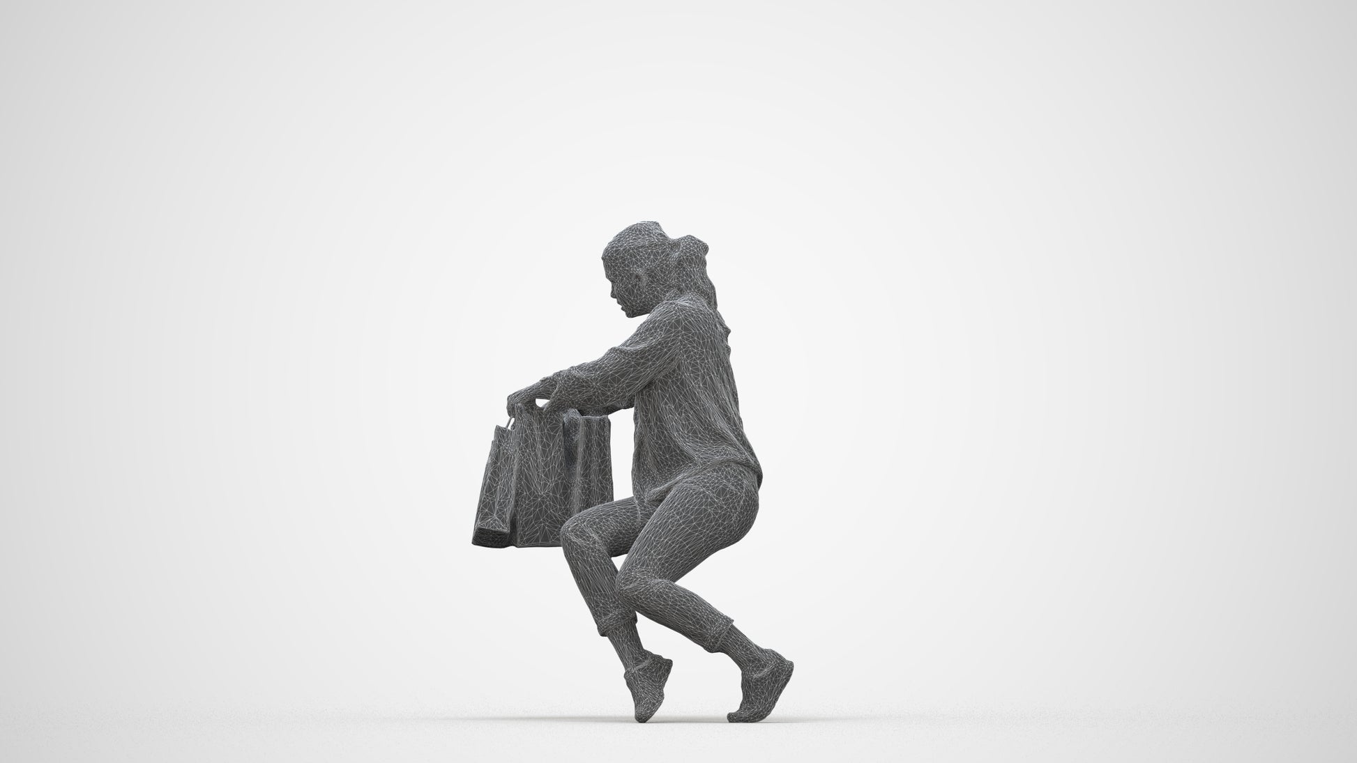 3D human model woman casual shopping, photogrammetry scanned person for archviz, wireframe back view