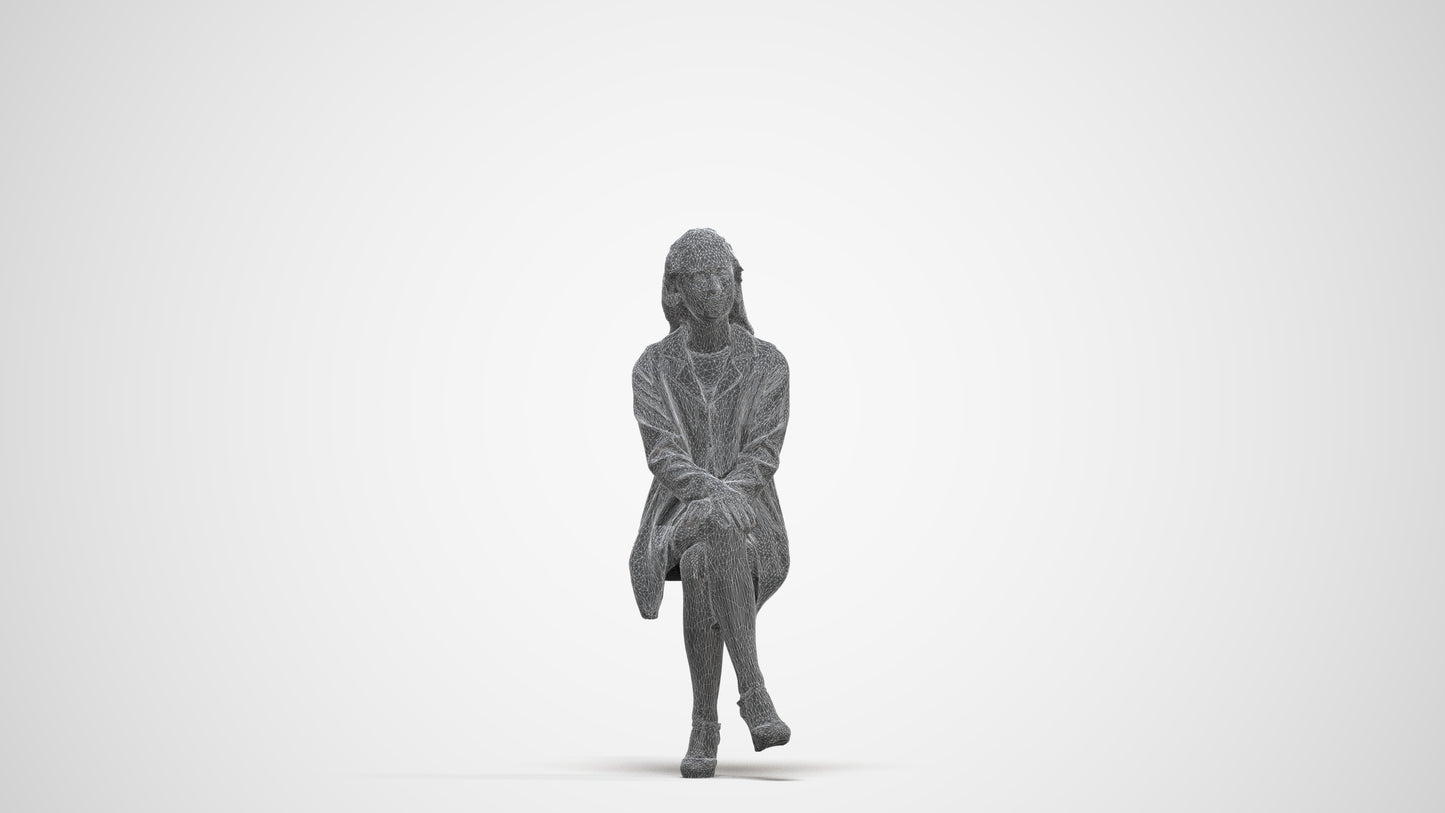 photogrammetry 3D woman business sitting, realistic human model archviz FBX, three-quarter front view render