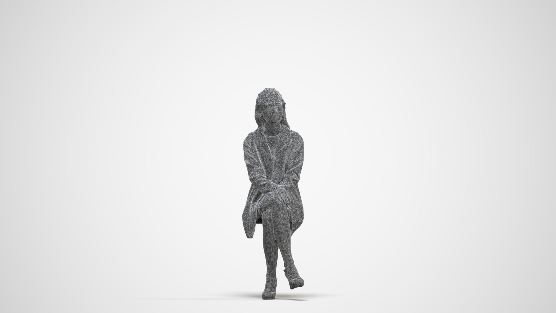 photogrammetry 3D woman business sitting, realistic human model archviz FBX, three-quarter front view render
