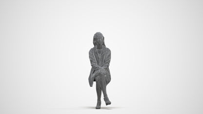 photogrammetry 3D woman business sitting, realistic human model archviz FBX, three-quarter front view render