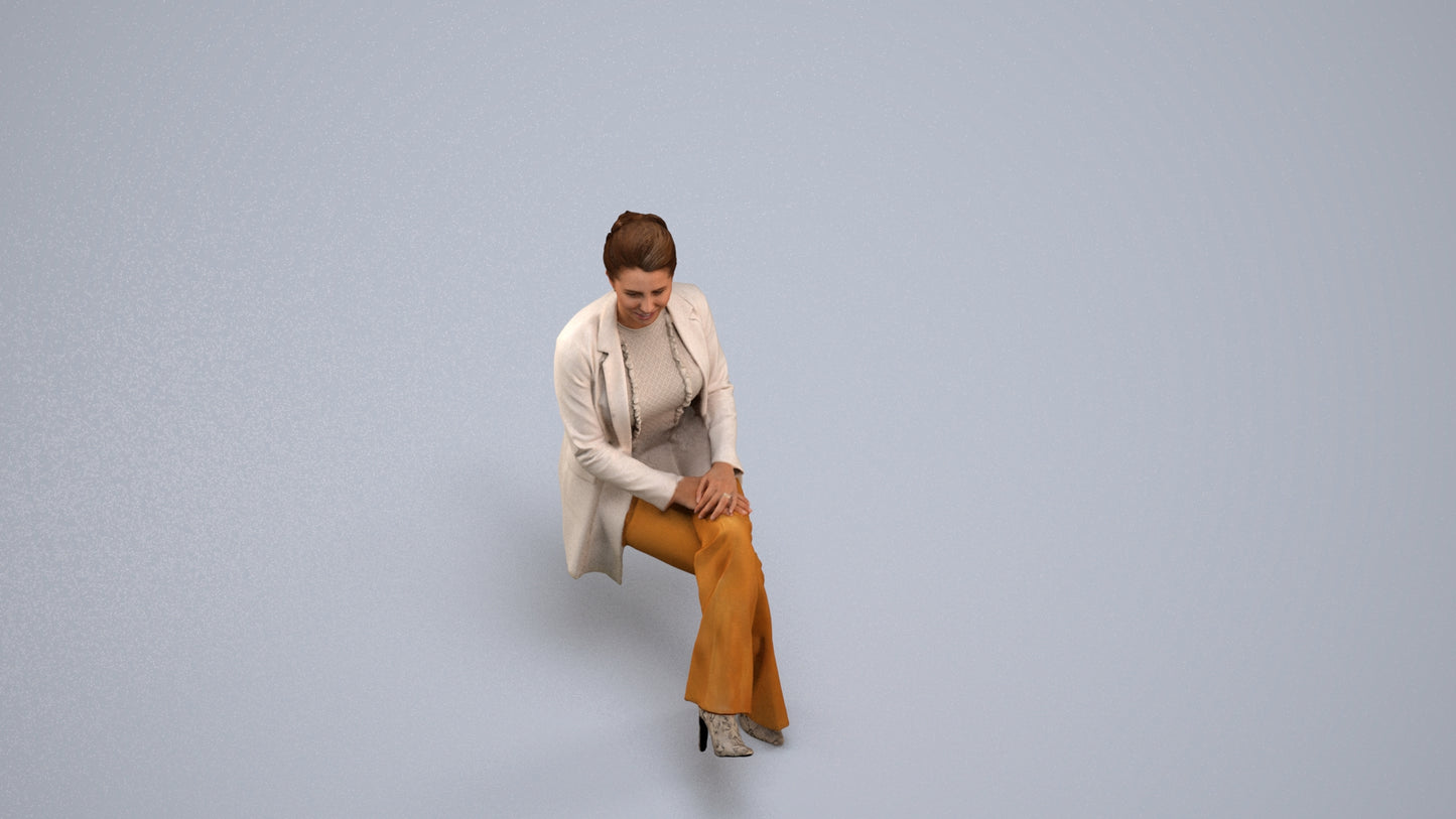 realistic 3D woman business sitting, scanned archviz people for Blender and 3ds Max, back view render