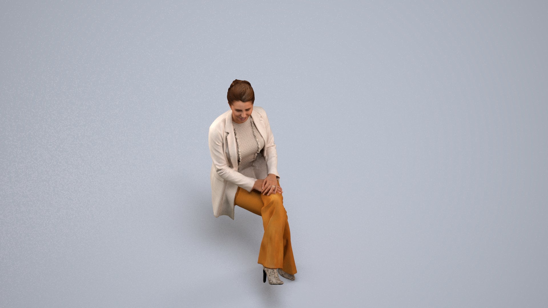 realistic 3D woman business sitting, scanned archviz people for Blender and 3ds Max, back view render