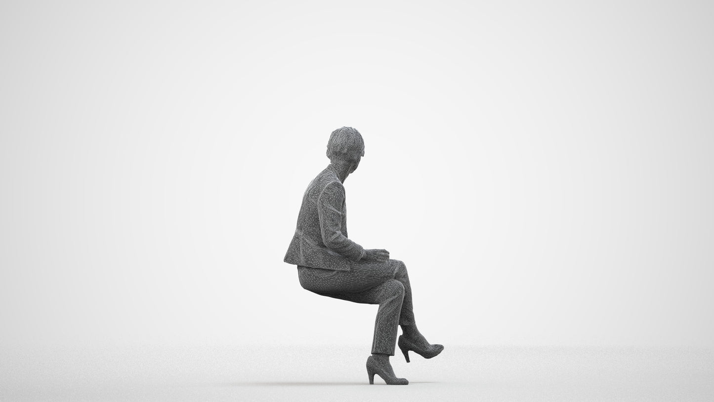 realistic 3D human senior woman business sitting, archviz people FBX OBJ for Blender, wireframe side view