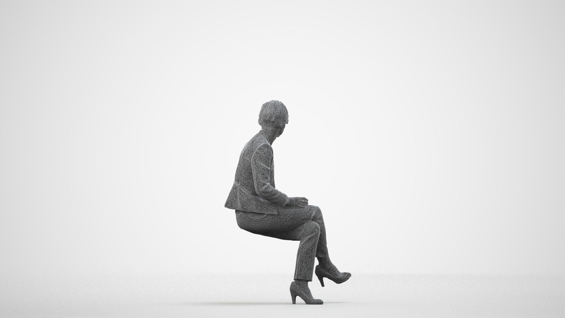 realistic 3D human senior woman business sitting, archviz people FBX OBJ for Blender, wireframe side view