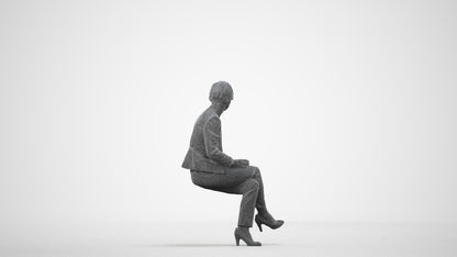 realistic 3D human senior woman business sitting, archviz people FBX OBJ for Blender, wireframe side view